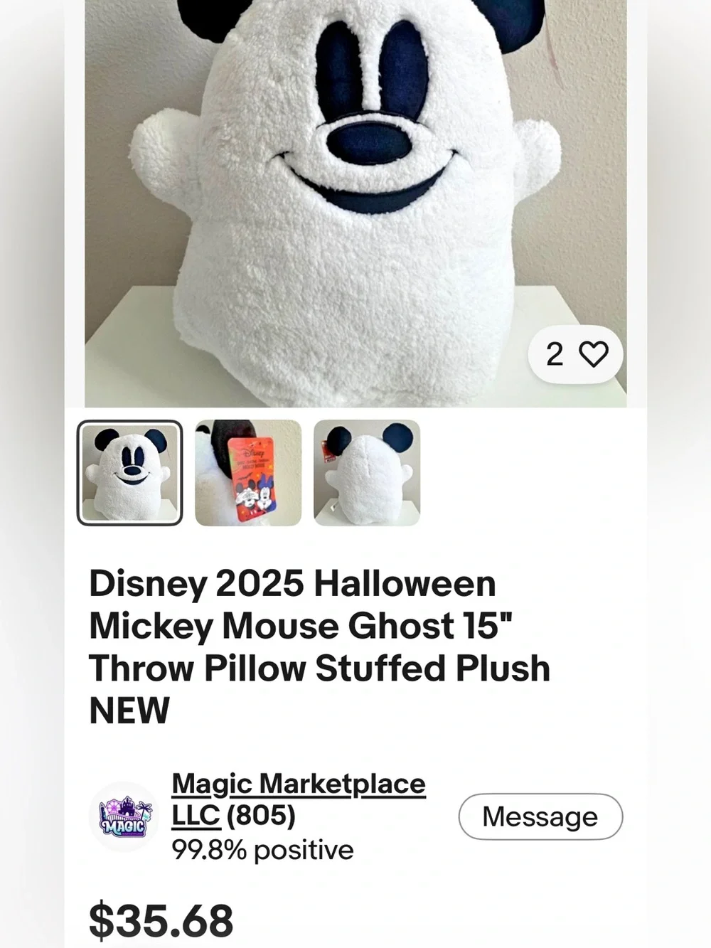 Disney Halloween Mickey Mouse Ghost Plush Pillow 15” NWT